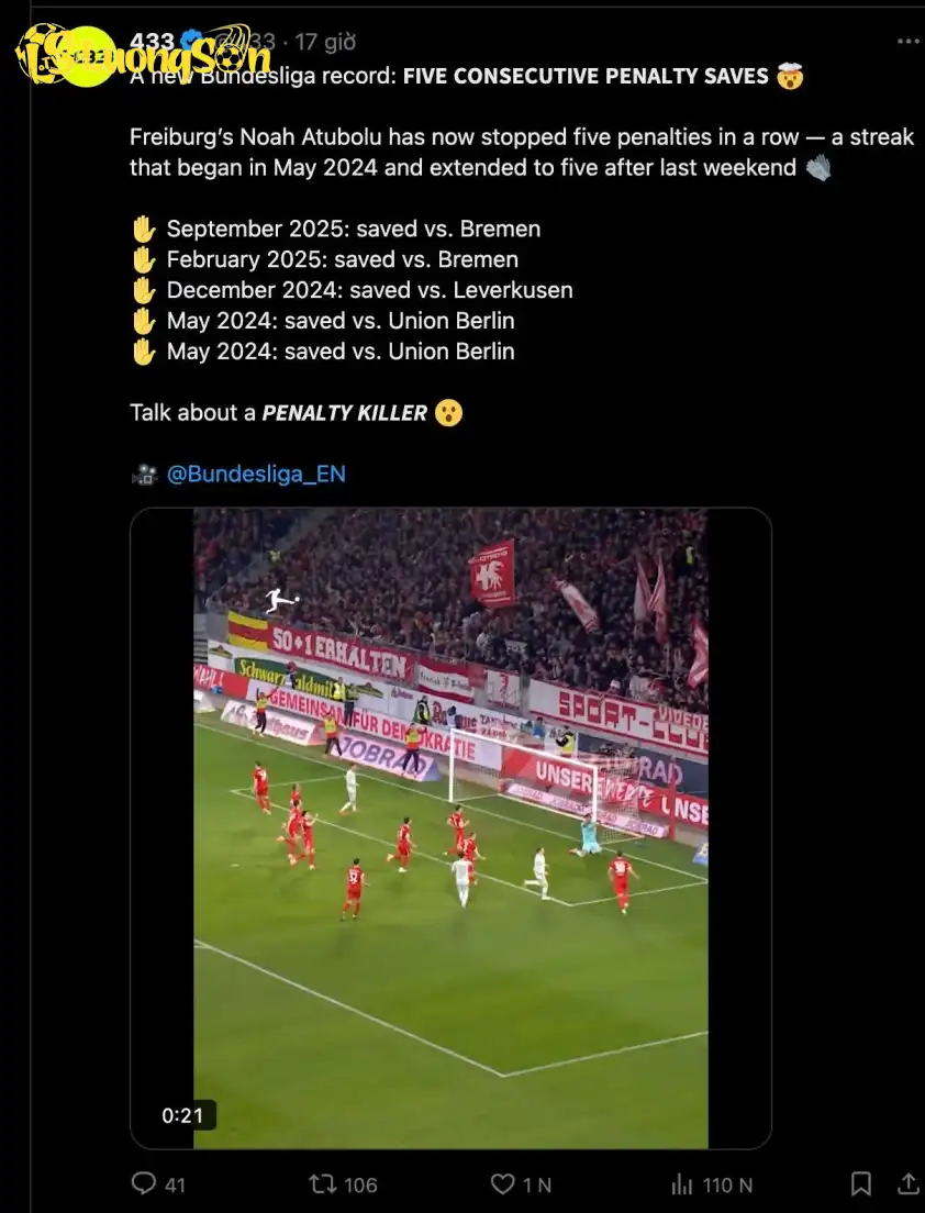 Atubolu vào lịch sử Bundesliga với kỷ lục cản phá 5 quả penalty liên tiếp. Ảnh: CMH Atubolu vào lịch sử Bundesliga với kỷ lục cản phá 5 quả penalty liên tiếp.